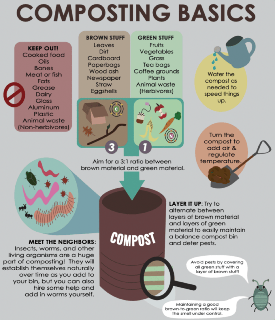 Illustration of composting process showing the breakdown of greens and browns to create rich soil.